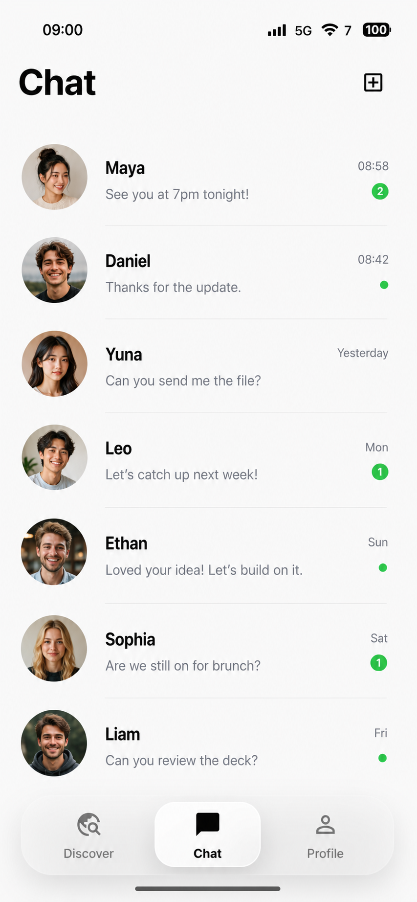 Yuno chat list screen showing recent conversations